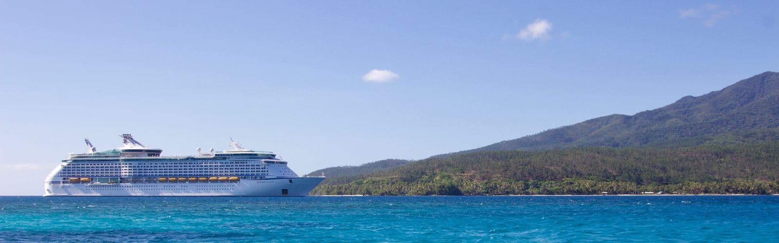A cruise ship sailing past a green island coastline